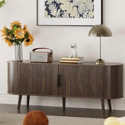 Fluted TV Stand Mid Century 59" TV and Media Console Table with Storage Shelf Sliding Door Modern Entertainment Center for Living Room, Bedroom fit 32