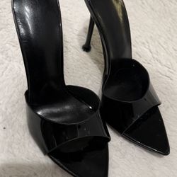Black Patent Leatherette Peep Toe Slip On Heels