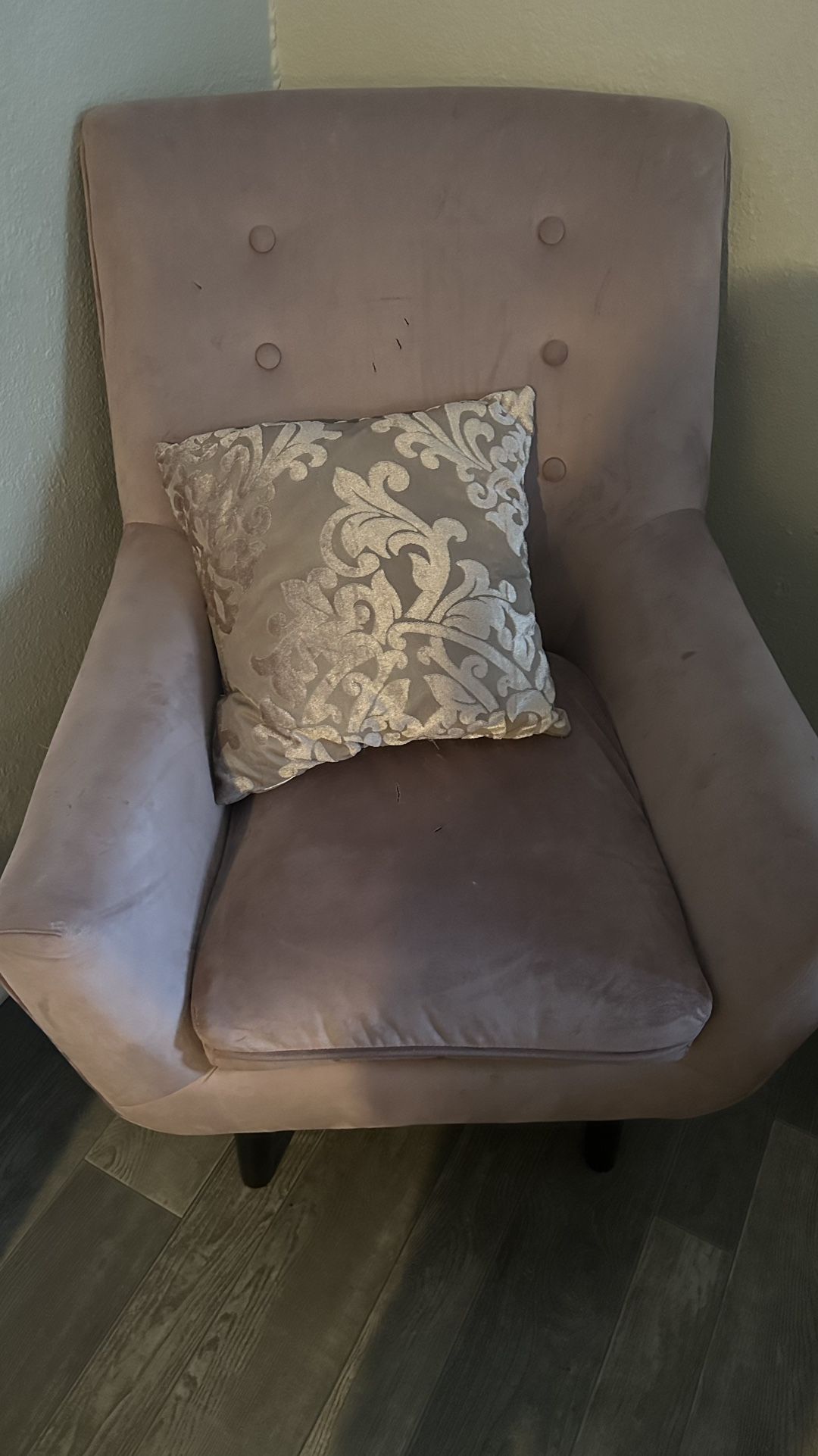 Grey small Sectional, glass table, pink accent chair