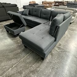 3pc Sectional Sofa W/ Storage Ottoman-Charcoal 🎆 Seccional De 3 Piezas Color Gris 