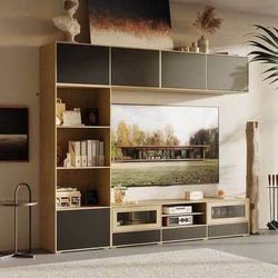 New Black and Oak Wall Mounted TV Stand Entertainment Console