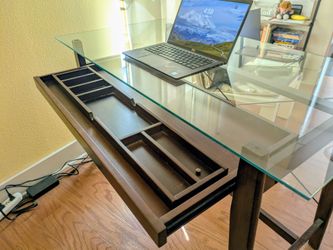 Tempered Glass Top Wood Desk with Pull-Out Organizer Drawer