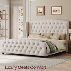 King Bed Frame with Tall Headboard, Upholstered Platform Bed Frame King Size, with Wingback Tufted Headboard and Footboard, Wooden Slats, No Box Sprin