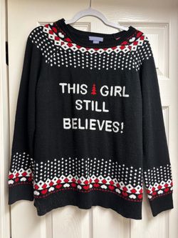Laura Scott Black Holiday Crewneck Sweater with Red & White Accents