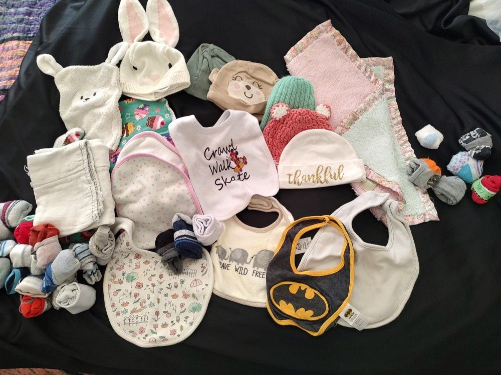 Lot Of Baby Items- Hats, Bibs, Socks, Burp Cloths