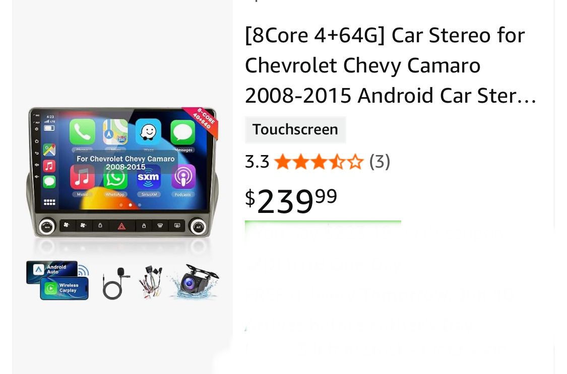 [8Core 4+64G] Car Stereo for Chevrolet Chevy Camaro 2008-2015 Android Car Stereo Wireless Carplay Android Auto,9“ IPS Touchscreen Radio,GPS,WiFi,32EQ 