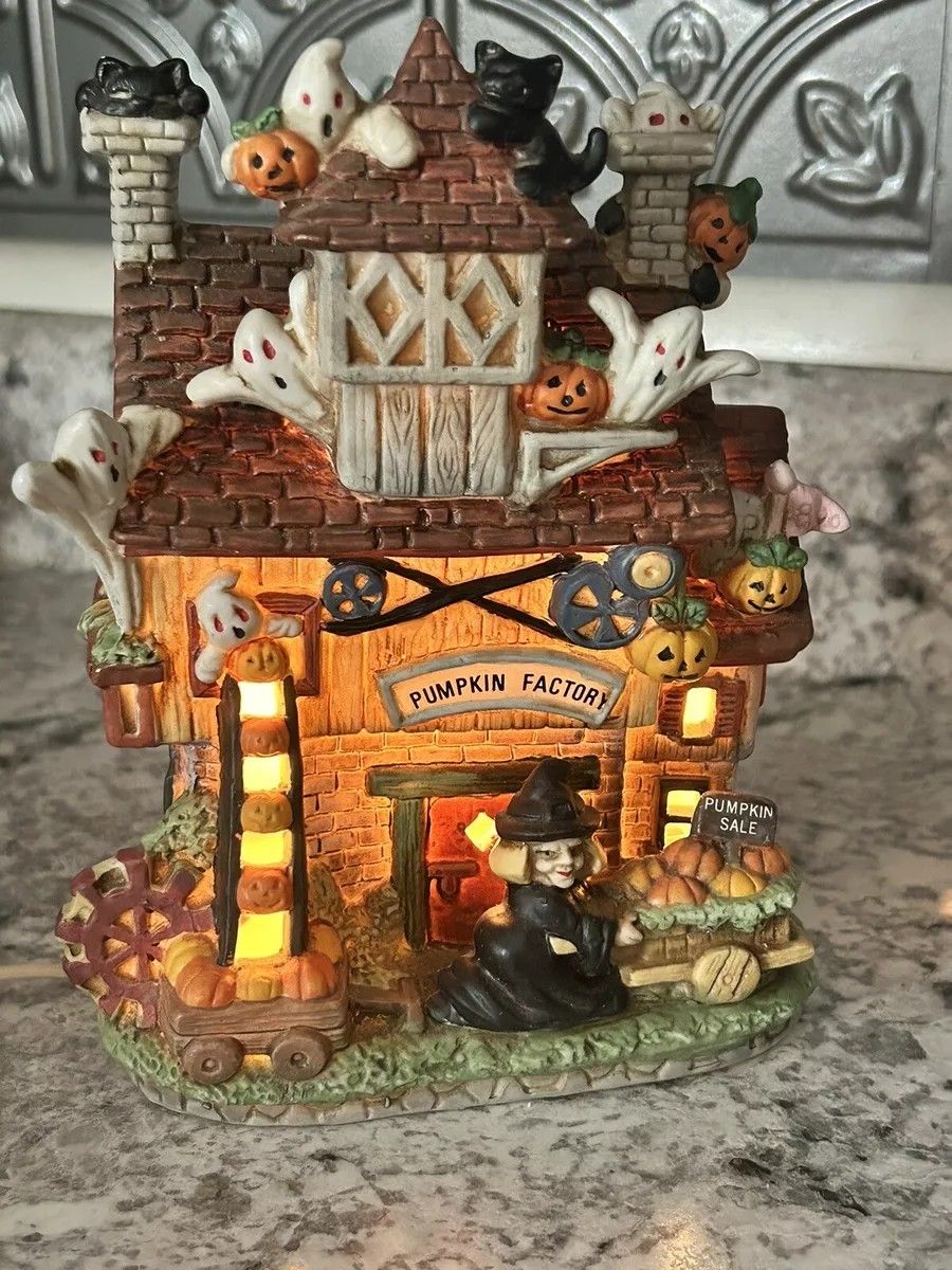Vintage Haunted Pumpkin Factory Lighted Halloween Village Haunted House Witch Ghost