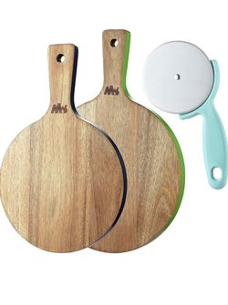 McHome MBW12 Pizza Peel and Pizza Cutter Set of 3, Acacia Wood Cutting Board, Cheese Paddle Board, Bread and Crackers Platter for Serving with Handle