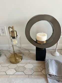 Bunch of house decor! Candle sticks, runner, lamp, pillow, vase, etc