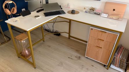 L-shape desk white/gold with oak file cabinet