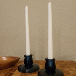 Pair Of Royal Blue Glass Candlestick Candle Holders Christmas Holidays Thanksgiving 