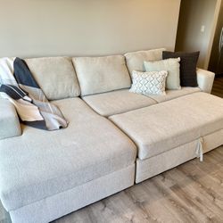 Cream White Beige Fabric 111" 2 Piece Futon Sleeper Sectional with Right Arm Facing