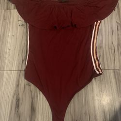  Burgundy  Bodysuit Off Shoulder White Strips Top