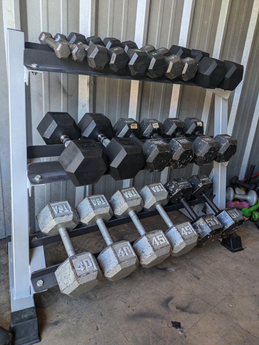 5-50lb Hex Dumbbell Set Plus Rack