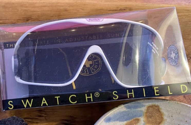 swatch shield sunglasses with white frame