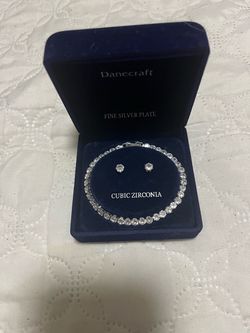 NEW! NEVER USED Danecraft Fine Silver Plate Cubic Zirconia Bracelet and Earrings Set
