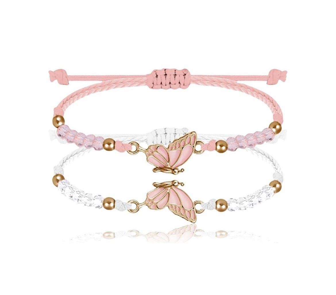 2 Piece Matching Butterfly Bracelets with Adjustable Strap/Band, Beaded Friendship Charm Bracelet, Kids/Girls Best Friend Jewelry Set, Pink/White, NEW