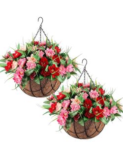 Lyrow 2 Pack Artificial Hanging Flowers, 12 Inch Coconut Basket
