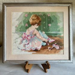 Vintage Wood Framed Bucilla Needlepoint Embroidery Of “Little Ballerina”