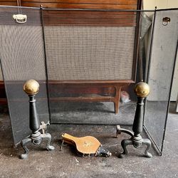 Antique Fireplace gate, Andirons, and Bellows
