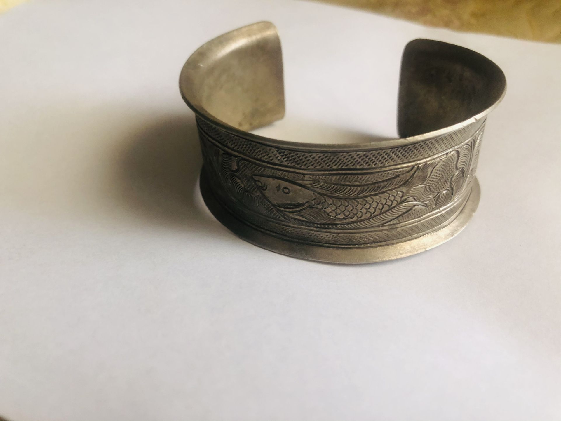 Vintage Silver tone Cuff Bracelet Etched Designs On Bracelet Fish Flowers 3 inches Wide