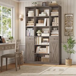 74" Tall Book Shelf and Bookcase, 45" Wide Bookcase with Doors and Drawers, Modern 6 Tier Bookshelf with Storage, Large Wood Display Cabinet with Adju