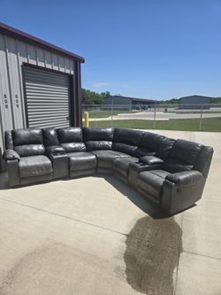 Dark Gray Leather Reclining Sectional Sofa