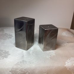 Vintage Modernist Stainless Square Etched Salt And Pepper Shakers