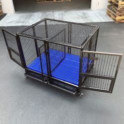 $190 (New) Folding heavy duty dog cage 41x31x34” double-door stackable kennel w/ divider, plastic tray 