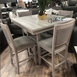 ✅️ 5 pc Wildon studio rustic natural tone,  finish wood and fabric counter height dining table set ✅️✅️