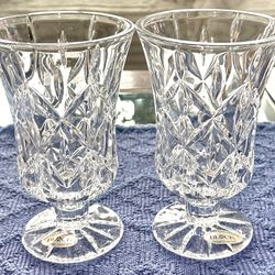 Block Crystal Olympic 7" Hurricane Pilar Footed Candle Candlestick Holder/Vase. Lead Crystal. Set of 2-Vintage 