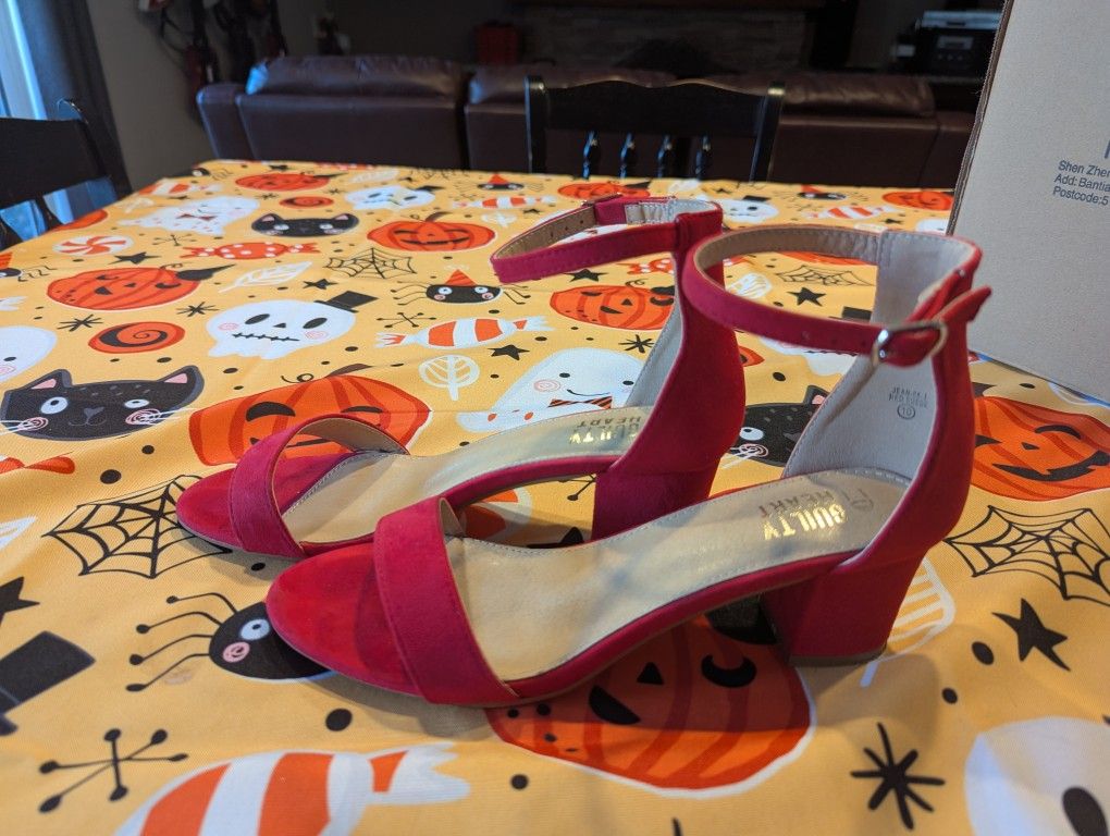 Women's Red Suede Mid Heel Sandal - Size 10