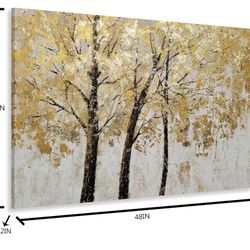 Yihui Arts Tree Painting with Gold Foil - Hand Painted Landscape Canvas Wall Art for Farmhouse Living Room, Bedroom, and Bathroom Decor
