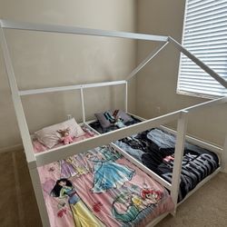 Double Twin Floor Beds for 2 Kids, Wood Twin Size House Bed Frame