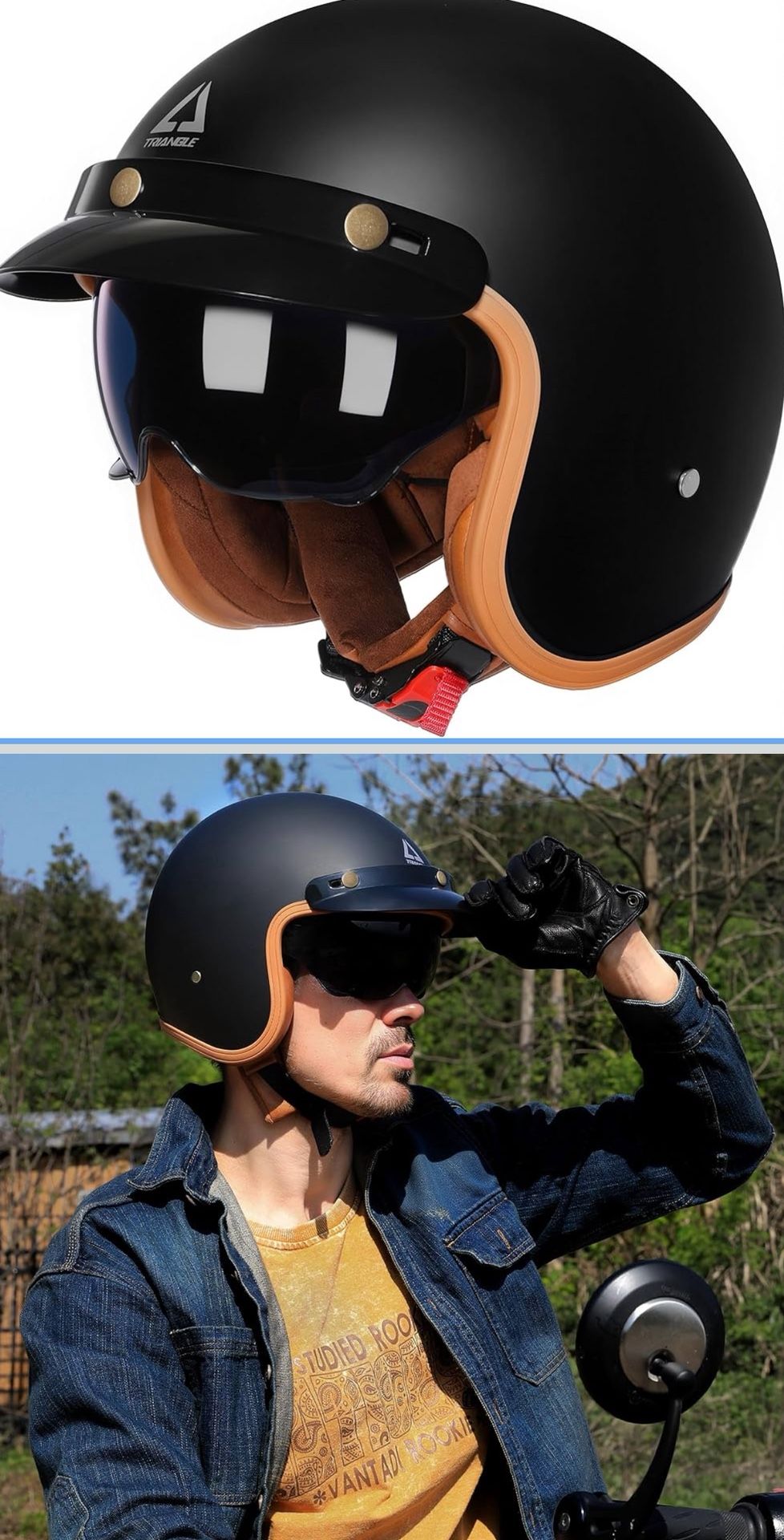 TRIANGLE 3/4 Motorcycle Helmet,Retro Vespa Open Face Adults Helmets with Visor,Half Face Moped Helmet for Men & Women,DOT Approved Helmets for Cruiser