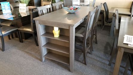 Brand new gray counter high dining table (60"x30"x36"H) + 4 gray linen chairs