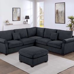New! Black Sectional Sofa And Ottoman, Black Couch, Black Corduroy Sectional. L-Shaped Sofa, Couch, Sectionals, Black Sofa, Black Sectional,Plush Sofa