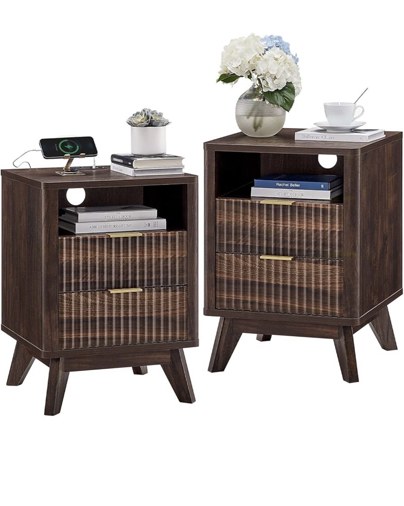 Fluted Nightstand Set of 2 with Charging Station, 18" Modern Side Table, 2 Drawers End Table with Storage, Bedside for Bedroom, Living Room