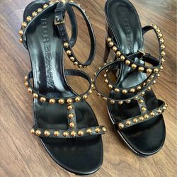 Burberry Black Leather Studded Platform Wedge Sandals