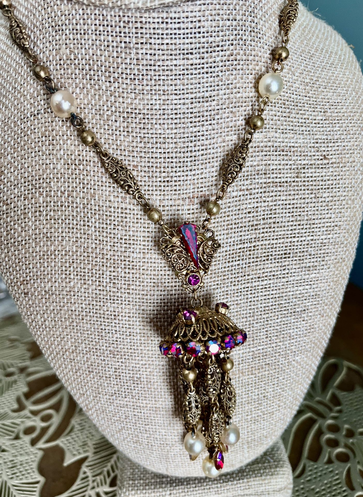W. Germany Ornate Necklace Red AB Purple Faux Pearls