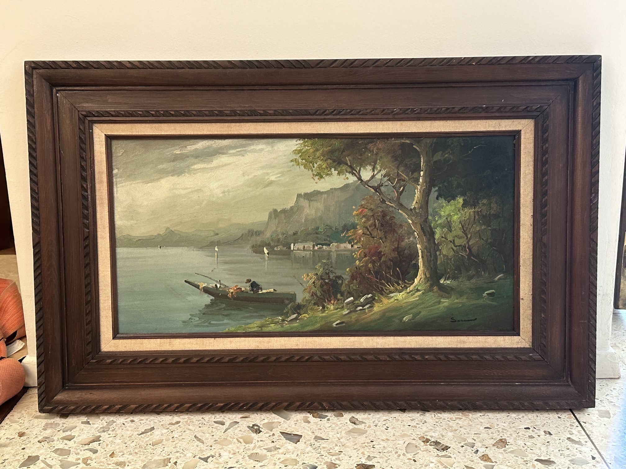 Original Signed Vintage Painting Landscape Fisherman