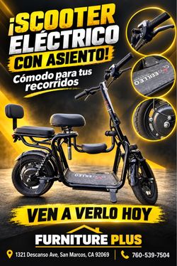 🛴⚡ ¡Scooter eléctrico disponible en Furniture Plus! Tiene asiento con respaldo, asiento delantero adicional, plataforma amplia y llantas gruesas. Re
