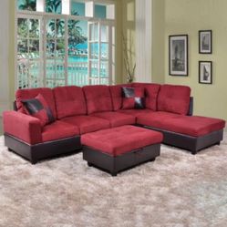 Red Microfiber Sectional Sofa W/ Ottoman And Pillows  Brand New In Boxes