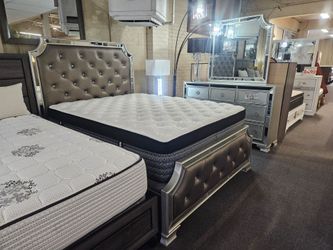 Brand new silver champagne queen bedframe + dresser + mirror + mirror 4PCs bedroom set