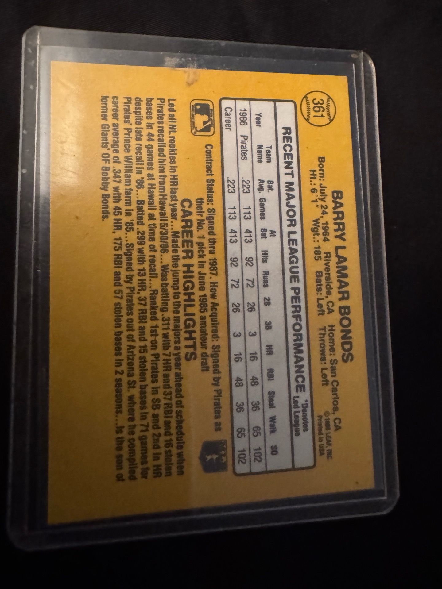 87 DONRUSS BARRY BONDS CARD 361