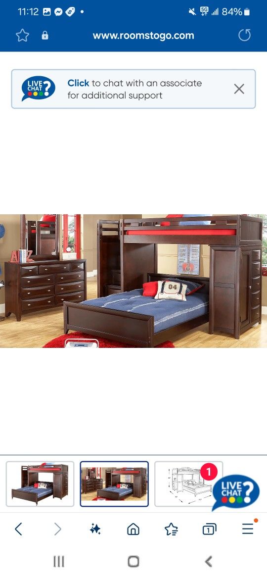 ROOMS2GO Twin Over Full Dark Cherry Wood  Bunk Bed Bedroom Set