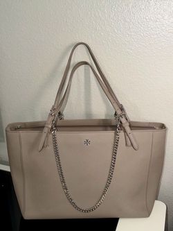 Tory Burch Large Beige Saffiano Leather Tote Bag – Silver Chain & Leather Straps