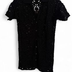LOFT Beach Black Crochet Oversized Short Sleeve Button-Down Mini Dress Sz S $100