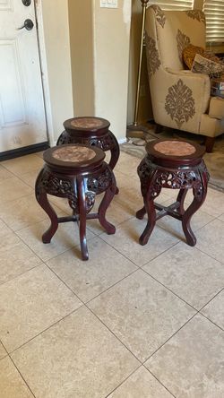 3 Chinese Carved Wood Marble-Top Plant Stands – $250 OBO
