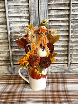 Ht-12in width-10in HANDMADE artificial Fall coffee cup arrangement